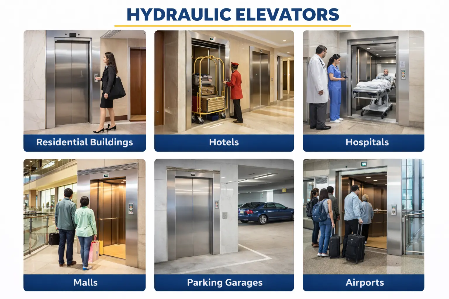 Hydraulic elevators in diverse settings